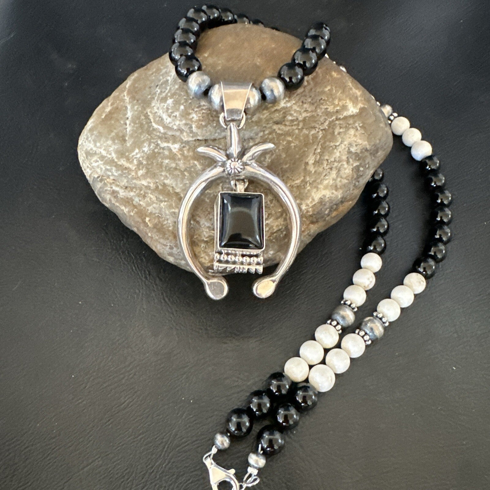 Mens Black Onyx Howlite Naja Pendant Navajo Sterling Silver Necklace 23” 17687