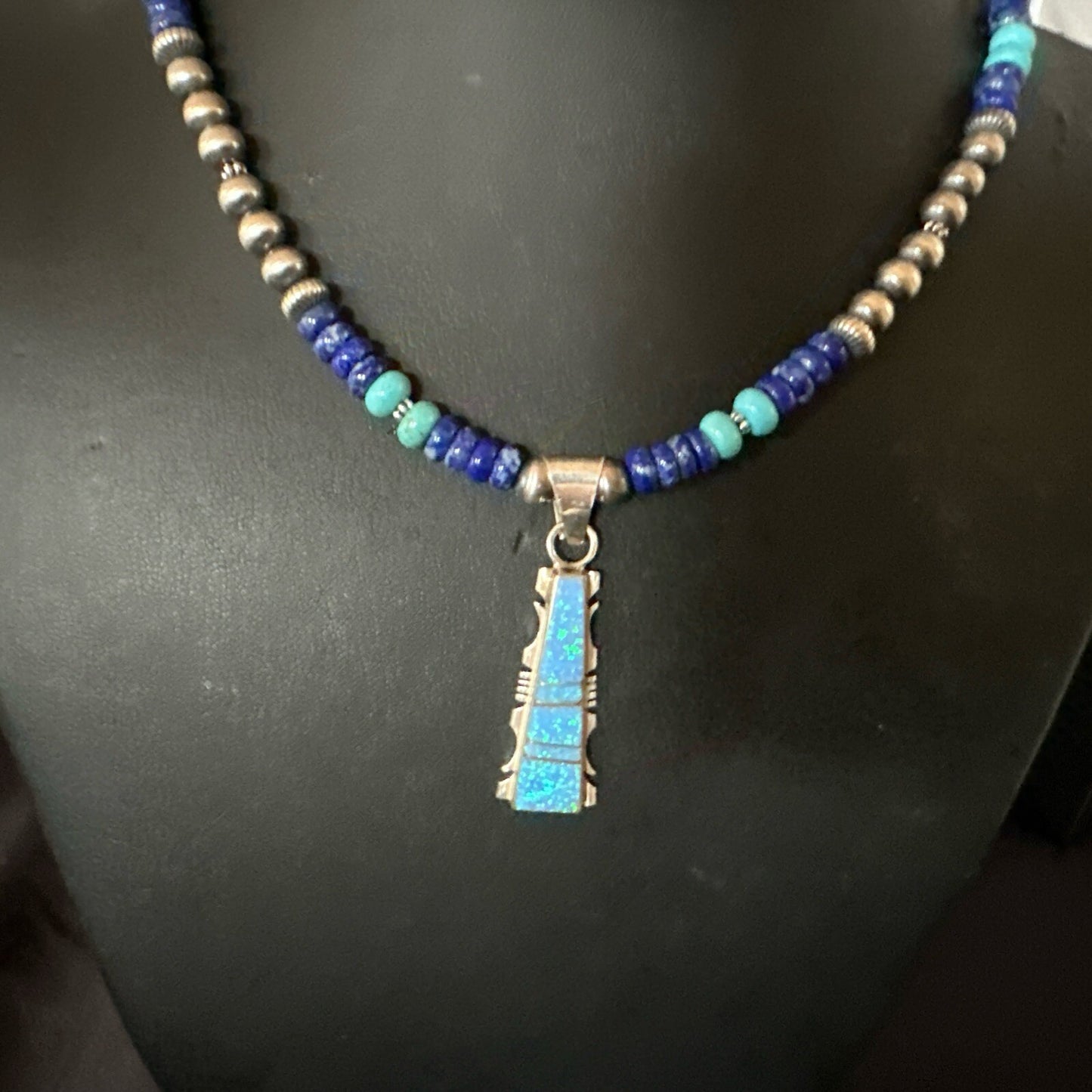 Mens Blue Turquoise Lapis Opal Pendant Navajo Sterling Silver Necklace 20" 17896