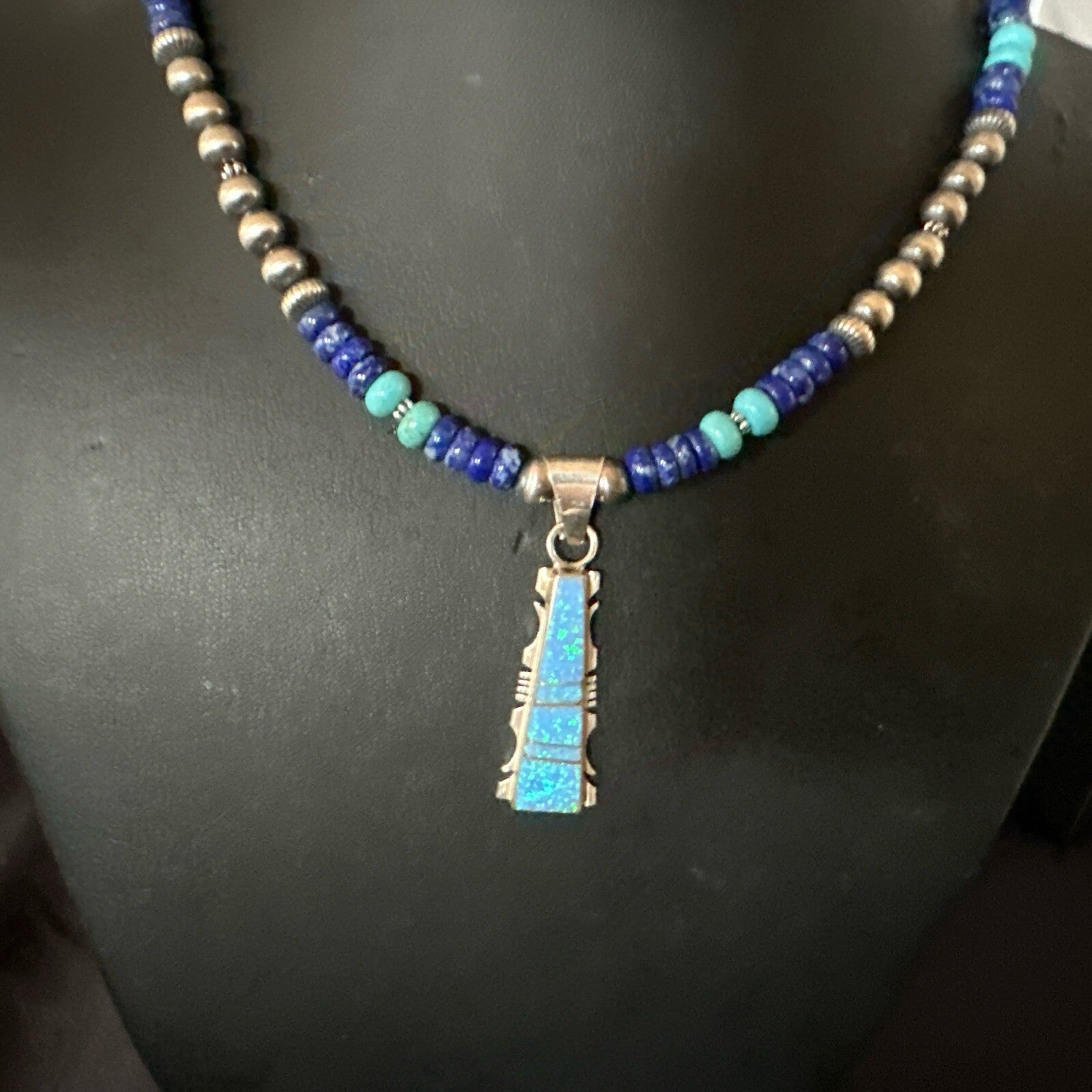 Mens Blue Turquoise Lapis Opal Pendant Navajo Sterling Silver Necklace 20" 17896