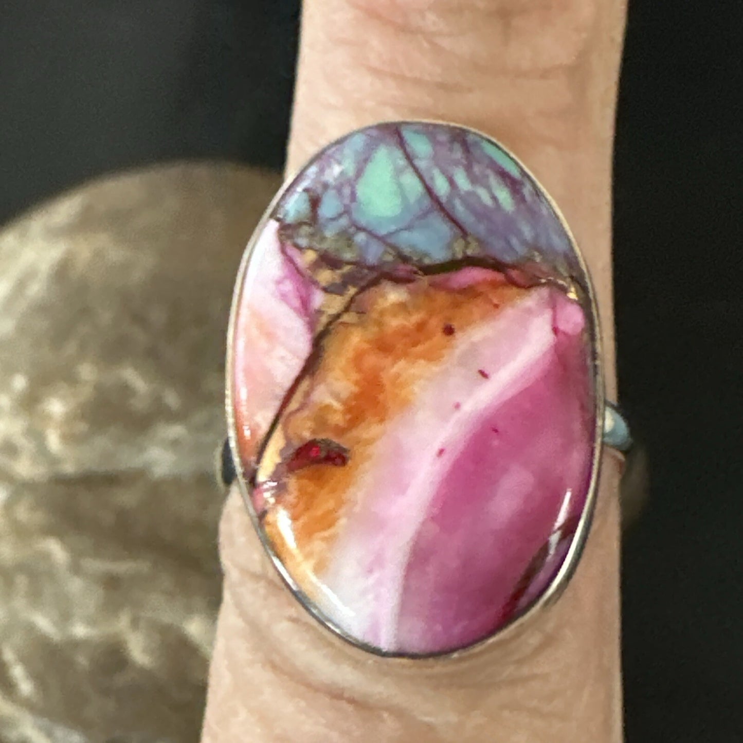 Blue Turquoise Spiny Oyster Southwestern Sterling Silver Ring Size 8 18438