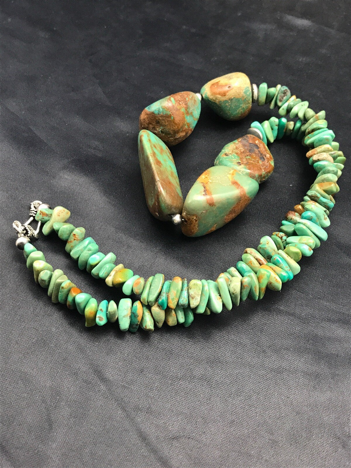 Chunky Green Nugget Turquoise Navajo Sterling Silver Necklace 23" 3216