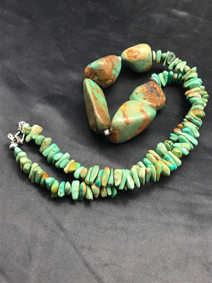 Chunky Green Nugget Turquoise Navajo Sterling Silver Necklace 23" 3216