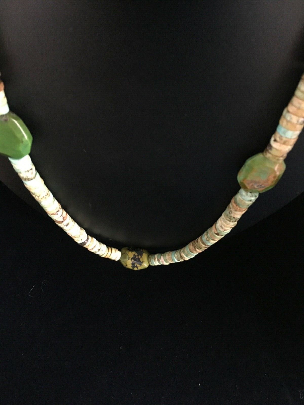 Mens Chunky Green Turquoise Navajo Sterling Silver Heishi Necklace 1797