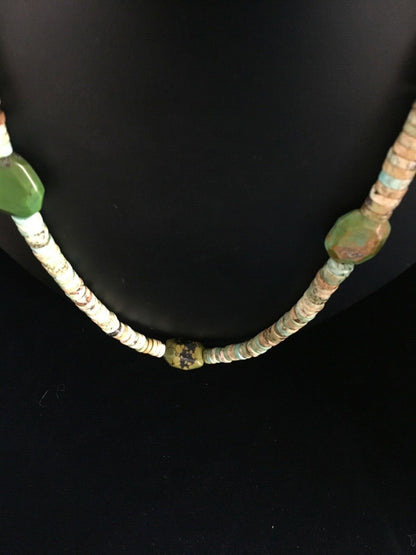 Mens Chunky Green Turquoise Navajo Sterling Silver Heishi Necklace 1797