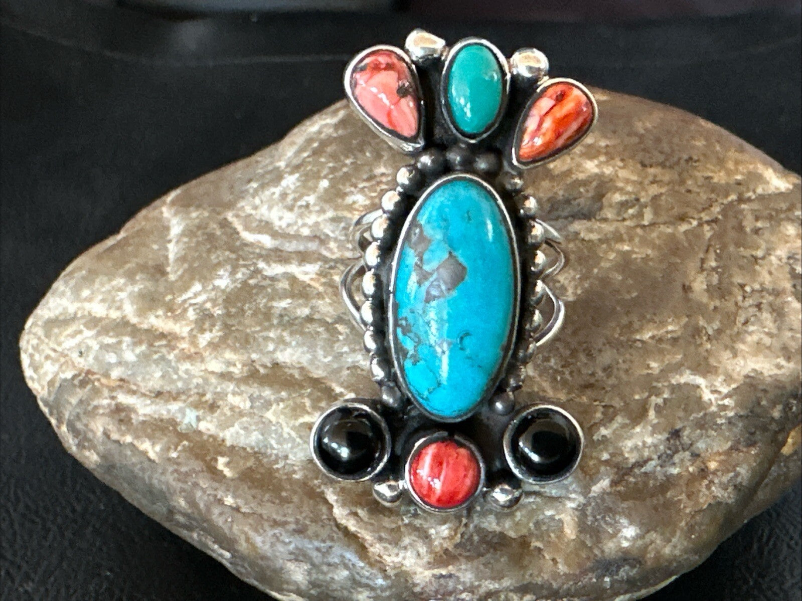 Cluster Blue Turquoise Spiny Oyster Onyx Sterling Silver Ring Size 9 18560