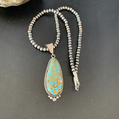 Mens Blue Turquoise #8 Pendant Navajo Pearls Sterling Silver Necklace 13262N
