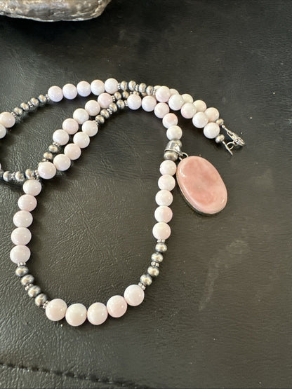 Southwestern Sterling Silver Pink Queen Conch Bead Necklace Pendant 20" 19580