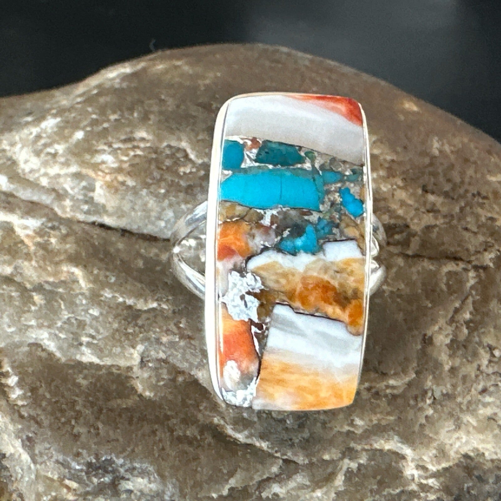 Blue Turquoise Spiny Oyster Navajo Sterling Silver Ring Size 7 18225