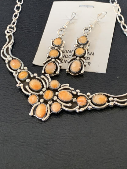 Orange Spiny Oyster Navajo Sterling Silver Necklace & Earrings 02102