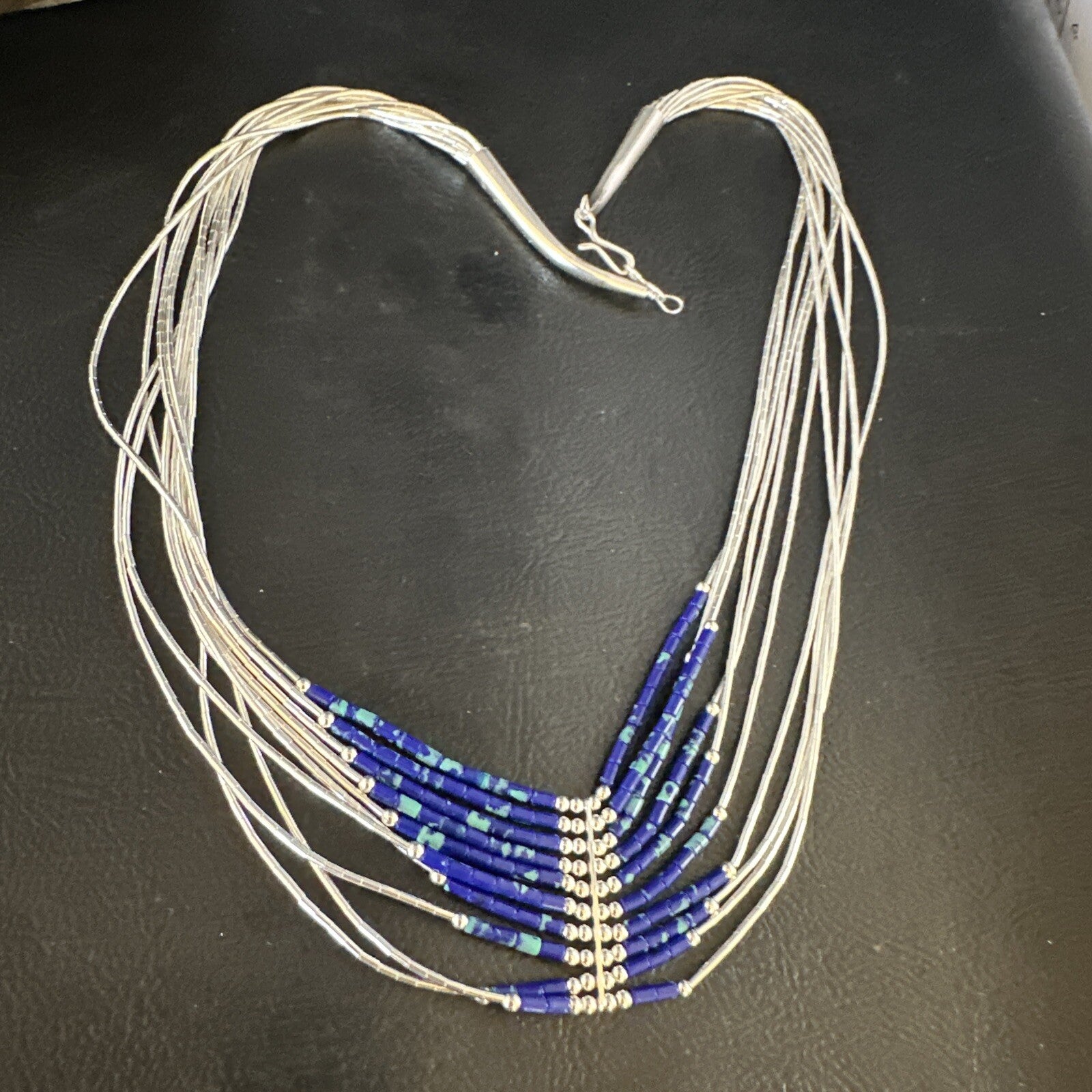 Blue Green Azurite Heishi 10Strand Stabilized Sterling Silver Necklace 18" 15135