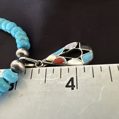 Zuni Turquoise Pink MOP Inlay Pendant 2Sided Necklace Sterling Silver 18064