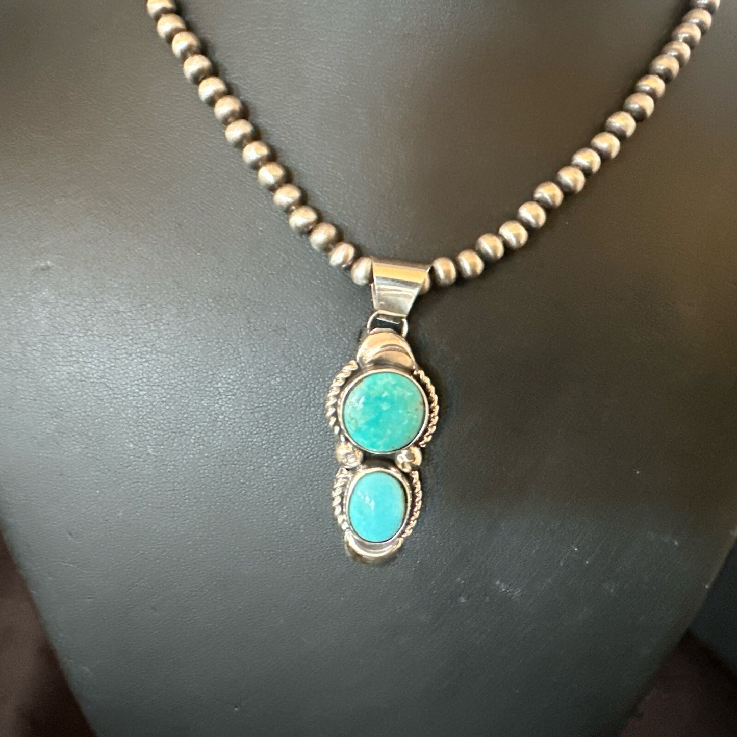 Blue Turquoise 2 Stone Navajo Sterling Silver Cluster Pendant 18192