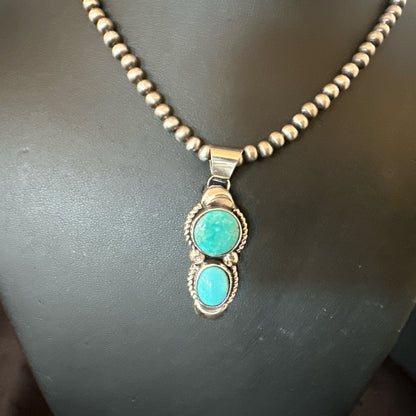Blue Turquoise 2 Stone Navajo Sterling Silver Cluster Pendant 18192