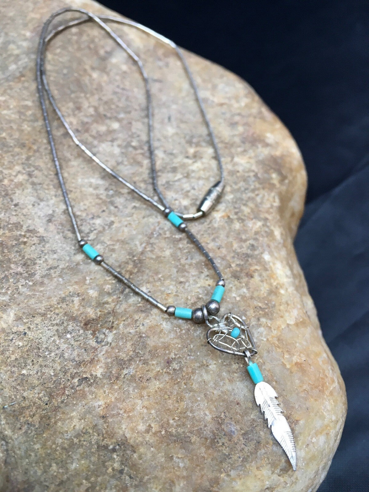 Native Turquoise Feather Pendant Navajo Sterling Silver Necklace 18059