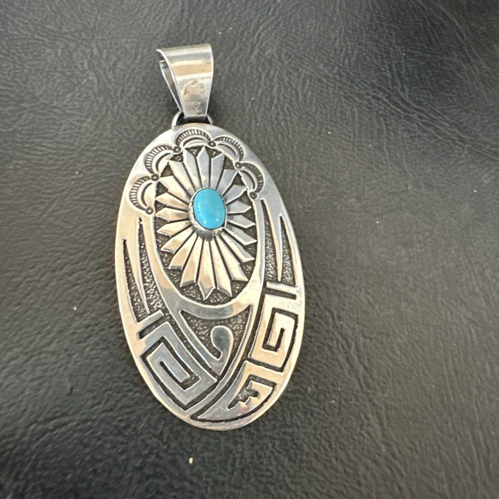 Hopi Native American Turquoise Pendant  Stamped Sterling Silver 2.5” 19686