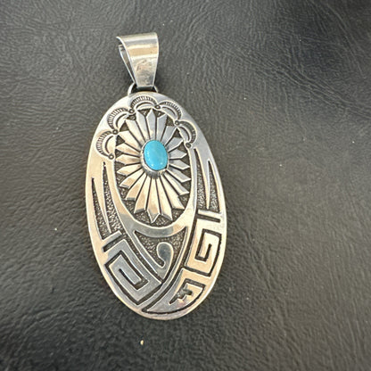 Hopi Native American Turquoise Pendant  Stamped Sterling Silver 2.5” 19686