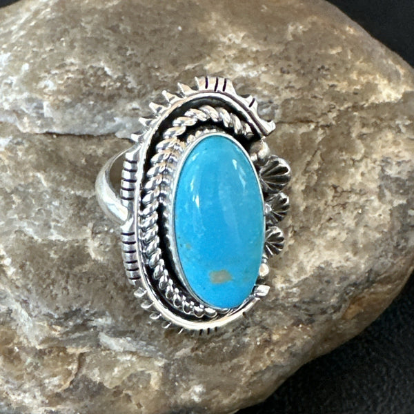 Yazzie Handmade Navajo Blue Kingman Turquoise Ring Sz 8.5 | Sterling Silver | Authentic Native American Handmade | 19627