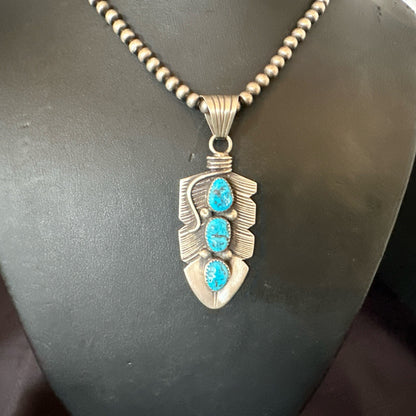 Mens Feather Kingman Turquoise Pendant Navajo Sterling Silver Necklace 17783