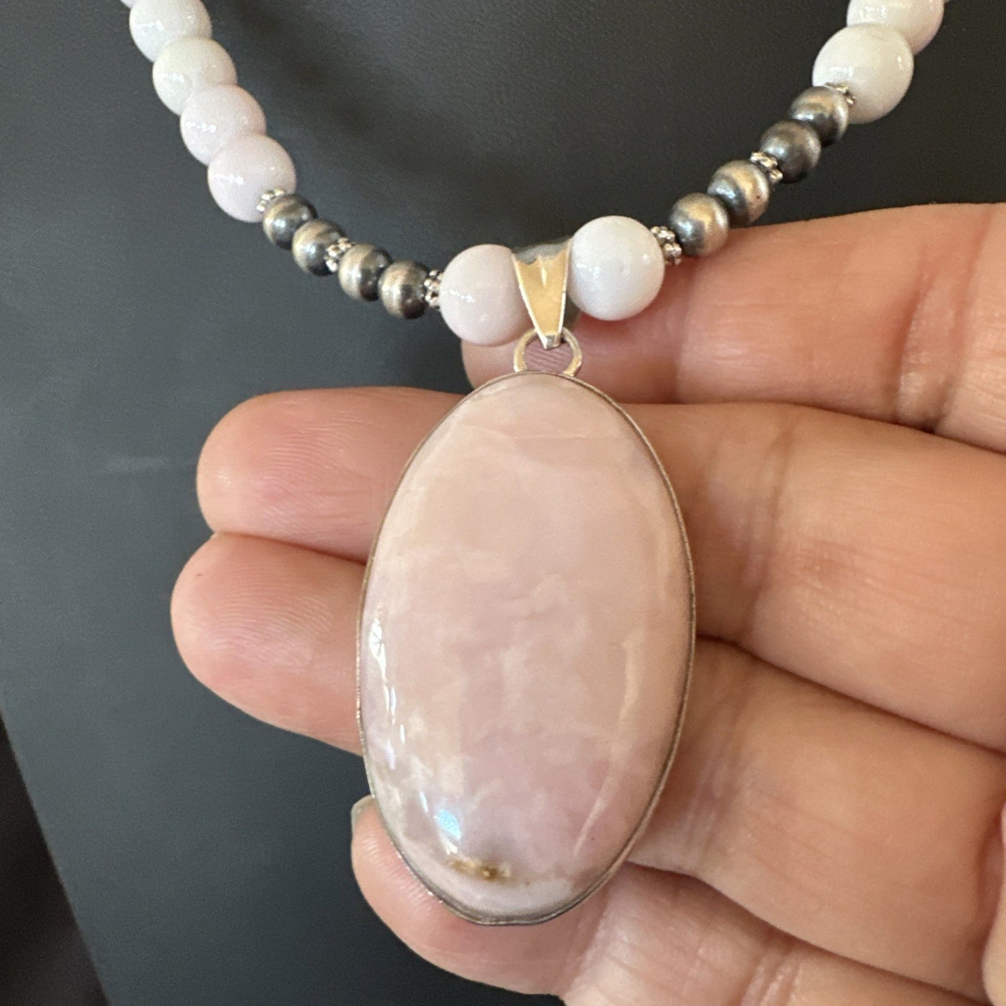 Southwestern Sterling Silver Pink Queen Conch Bead Necklace Pendant 20" 19557
