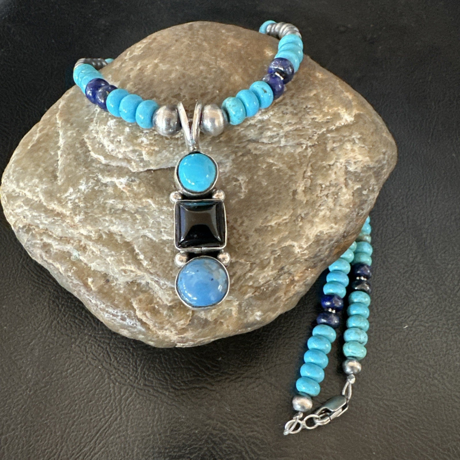 Blue Turquoise Lapis Onyx Pendant Navajo Sterling Silver Necklace 19550
