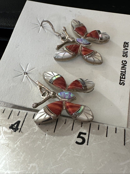 Butterfly Multicolor Red Spiny MOP Inlay Sterling Silver Earrings 19817