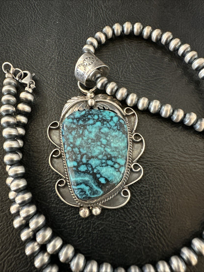 WoMens Blue Spiderweb Turquoise Pendant Navajo Sterling Silver Necklace 19298