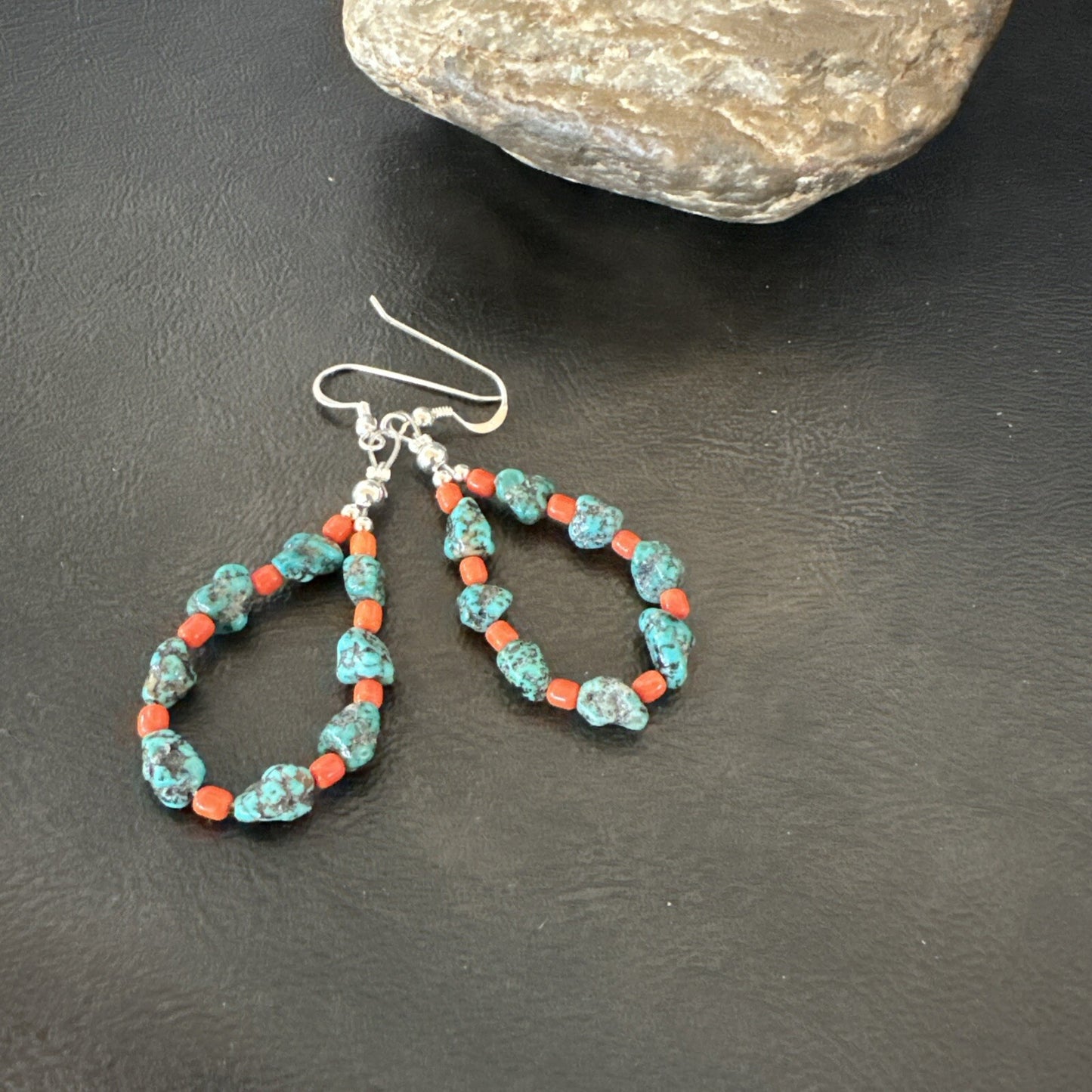 Blue Kingman Nugget Turquoise Coral Navajo Sterling Silver Earrings 2” 18836