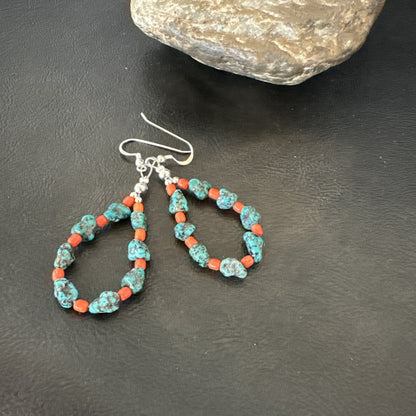 Blue Kingman Nugget Turquoise Coral Navajo Sterling Silver Earrings 2” 18836
