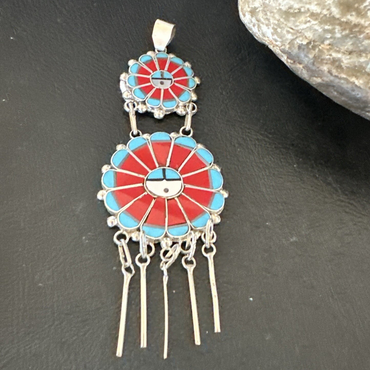 Sunface Zuni Inlay Turquoise Coral MOP Sterling Silver Pendant 3.5" 17771