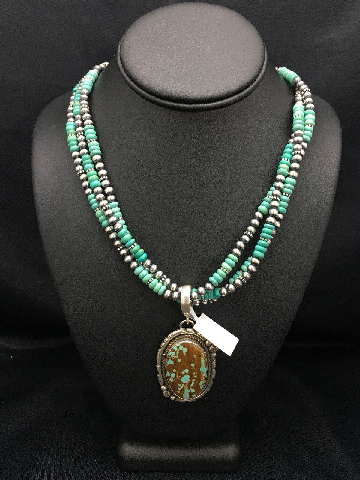 Spider Web Turquoise Pendant Navajo Sterling  Silver Bead 3 Strand Necklace 21in