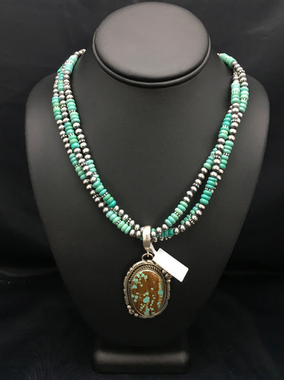 Spider Web Turquoise Pendant Navajo Sterling  Silver Bead 3 Strand Necklace 21in