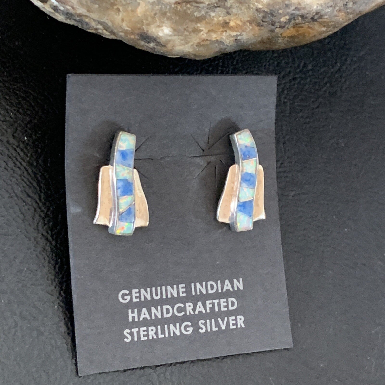 Women Blue Denim Lapis & White Opal Navajo Sterling Silver Inlay Earrings 128900