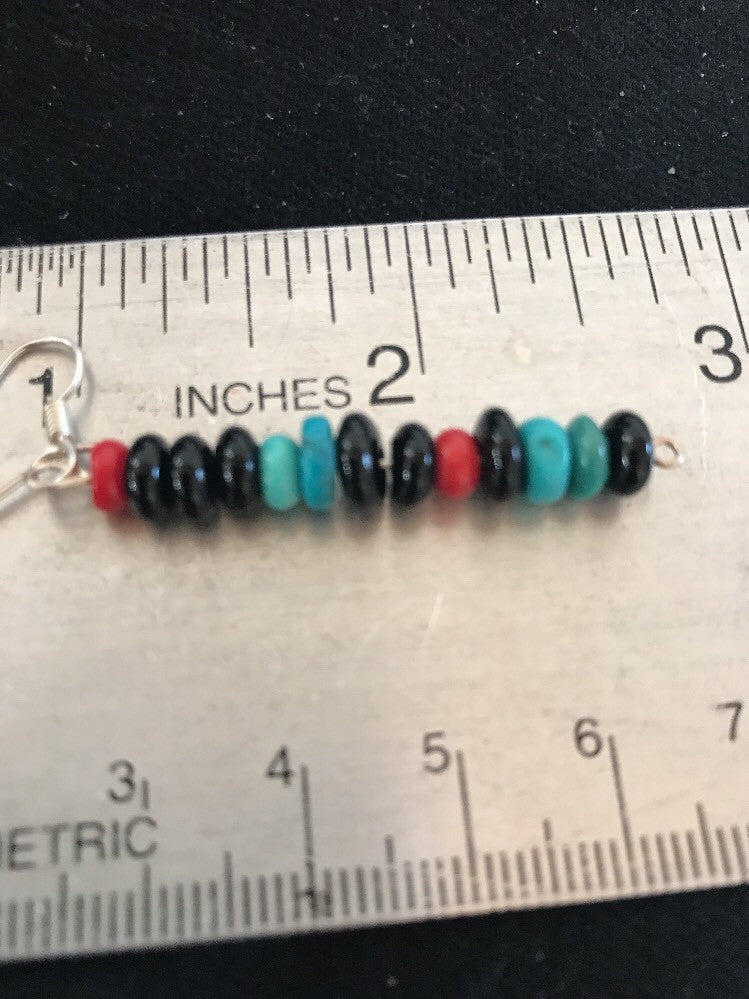 Navajo Sterling Silver Turquoise Black Onyx Coral Earrings 08334