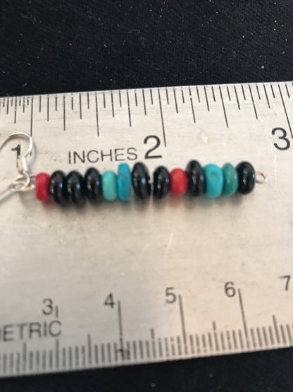 Navajo Sterling Silver Turquoise Black Onyx Coral Earrings 08334