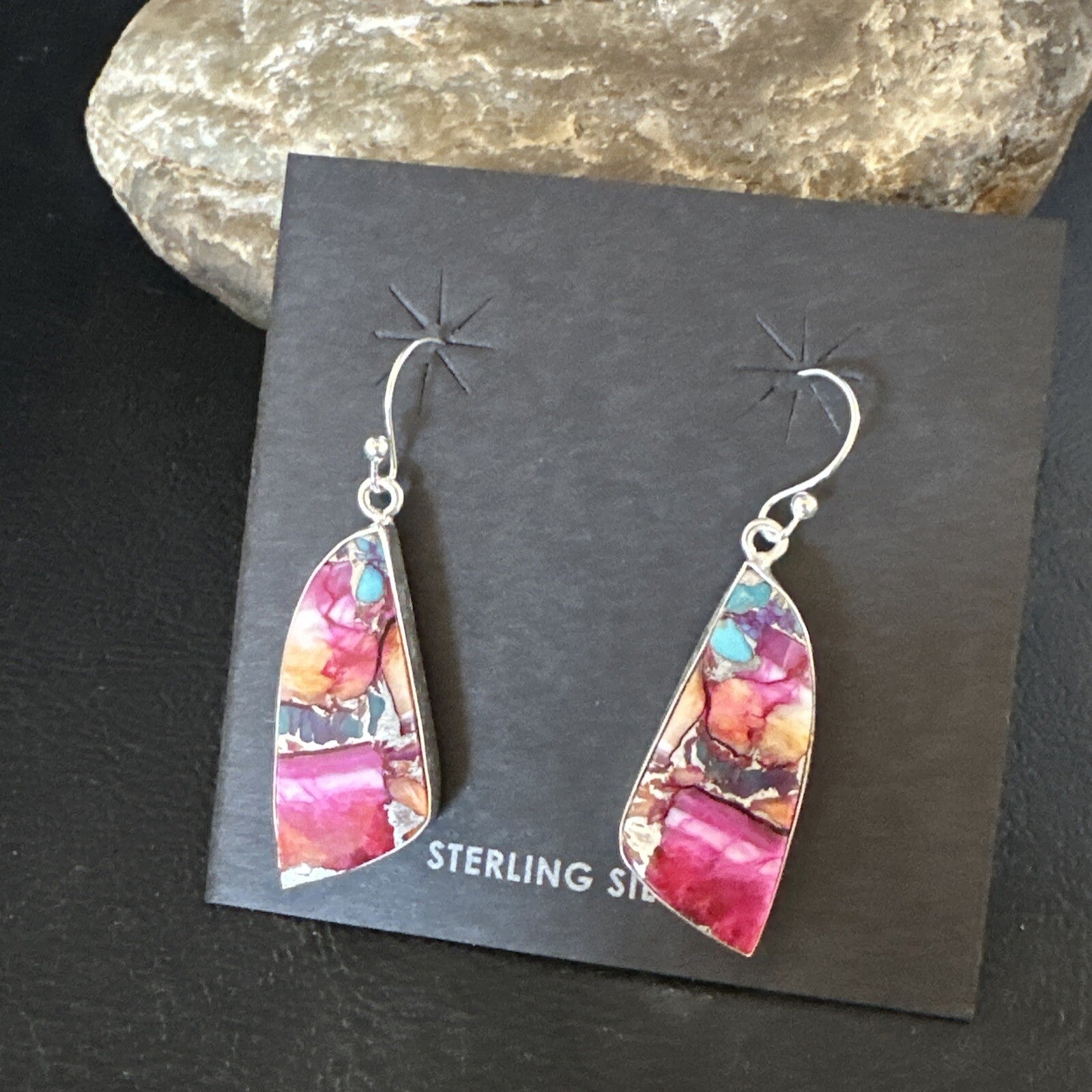 Blue Turquoise Purple Spiny Oyster Inlay Sterling Silver Dangle Earrings 15565