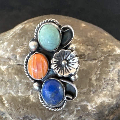 Yazzie Ring Turquoise Lapis Spiny Navajo Sterling Silver Cluster Sz 8.5 19315