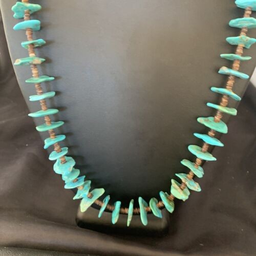 Navajo Sterling Silver Kingman Turquoise Shell Necklace 26" 11817