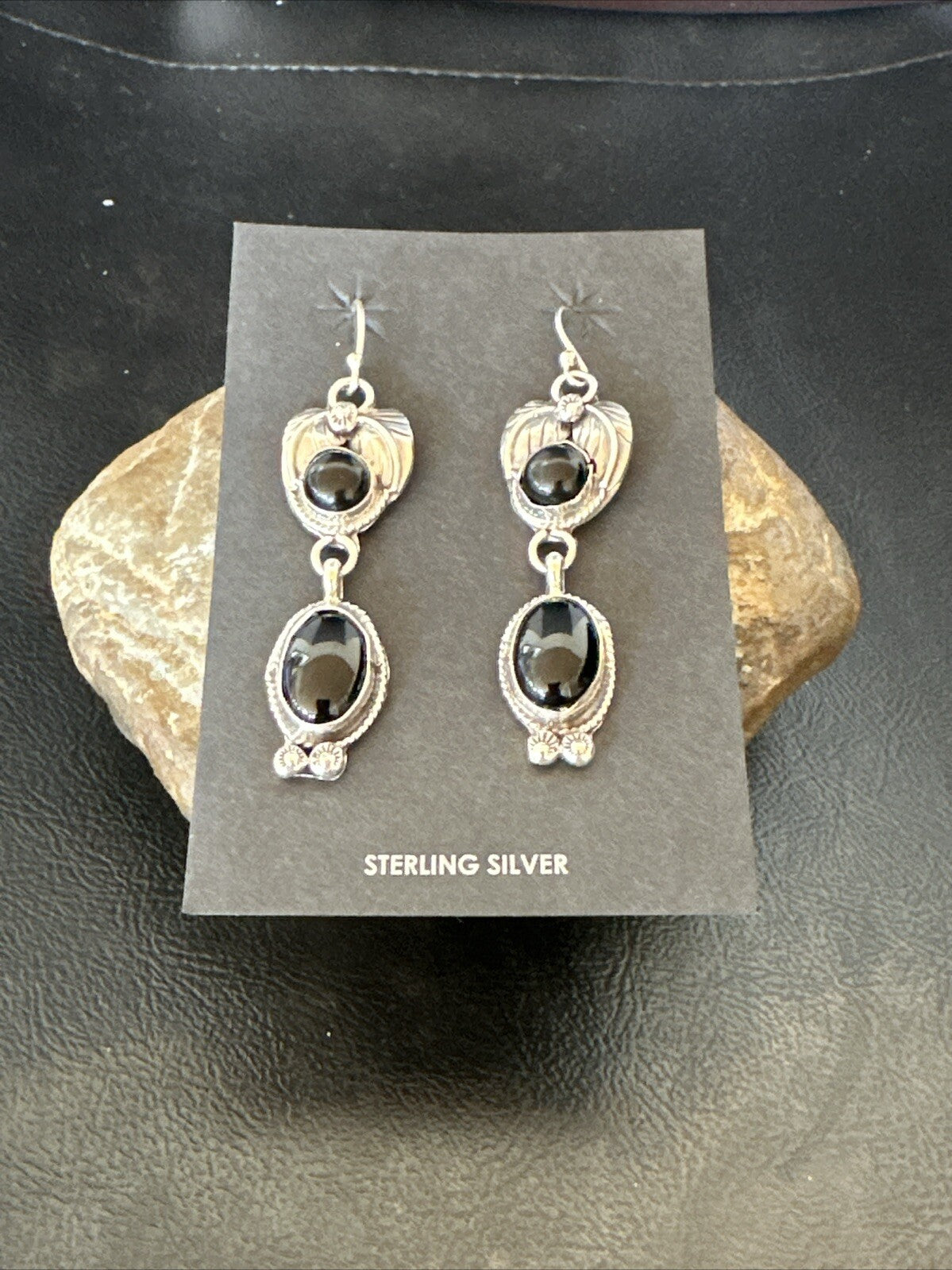 Black Onyx Navajo Sterling Silver Dangle Earrings 1.5" 18293
