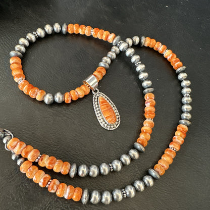 Orange Spiny Oyster Navajo Pearls Sterling Silver Necklace Pendant 18678