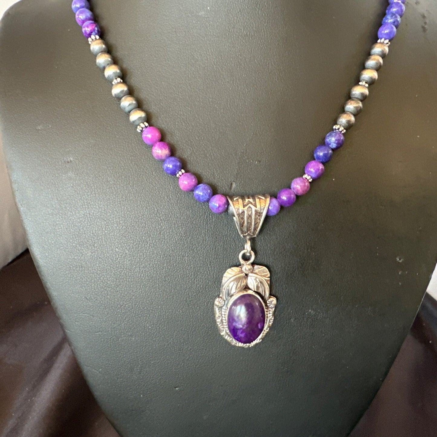 Purple Stone Pendant Navajo Sterling Silver Beads Necklace 18390