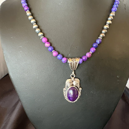 Purple Stone Pendant Navajo Sterling Silver Beads Necklace 18390