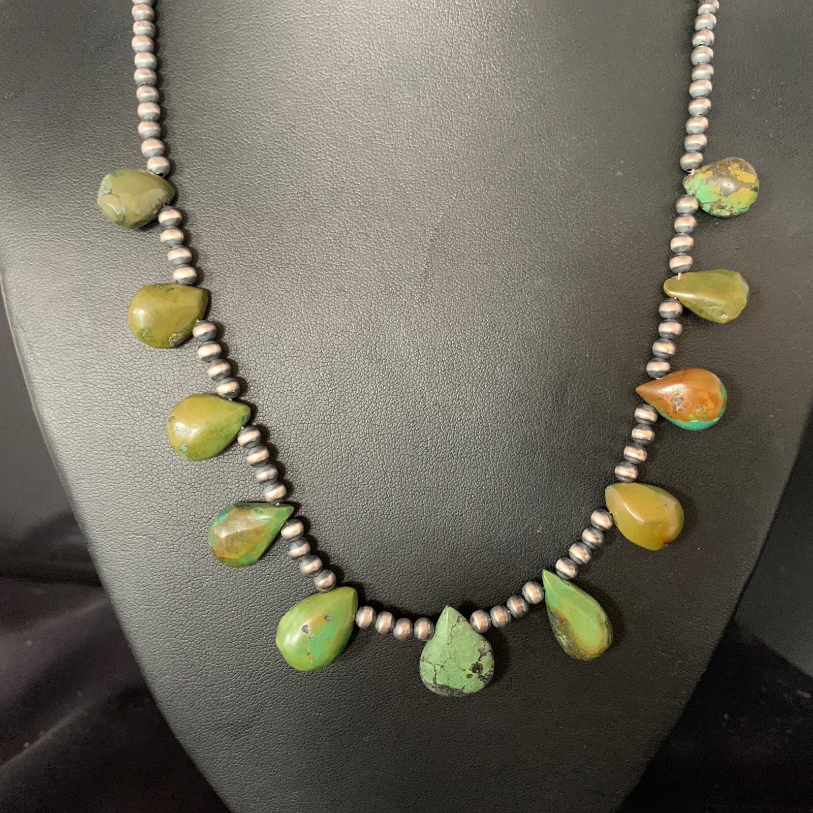 Teardrop Navajo Pearls Sterling Silver Green Turquoise Necklace 20" 13508