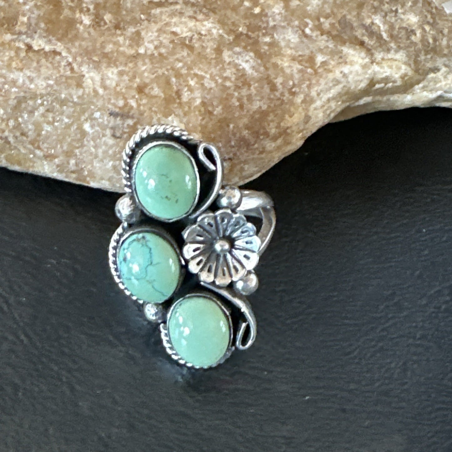 Yazzie Ring Green Turquoise Navajo Sterling Silver Cluster Size 9 19216