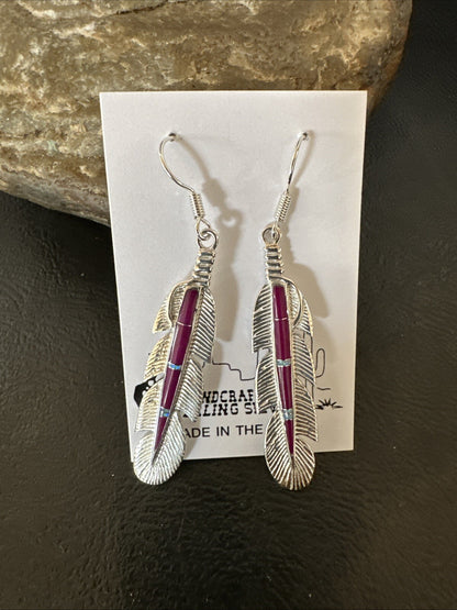 Purple Sugilite Opal Sterling Silver Handmade Inlay Feather Earrings 18694