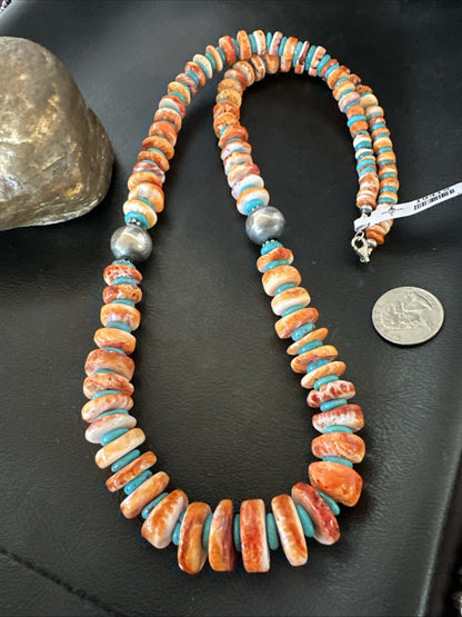30" Spiny Oyster Turquoise Graduated Navajo Pearl Sterling Silver Necklace 19419
