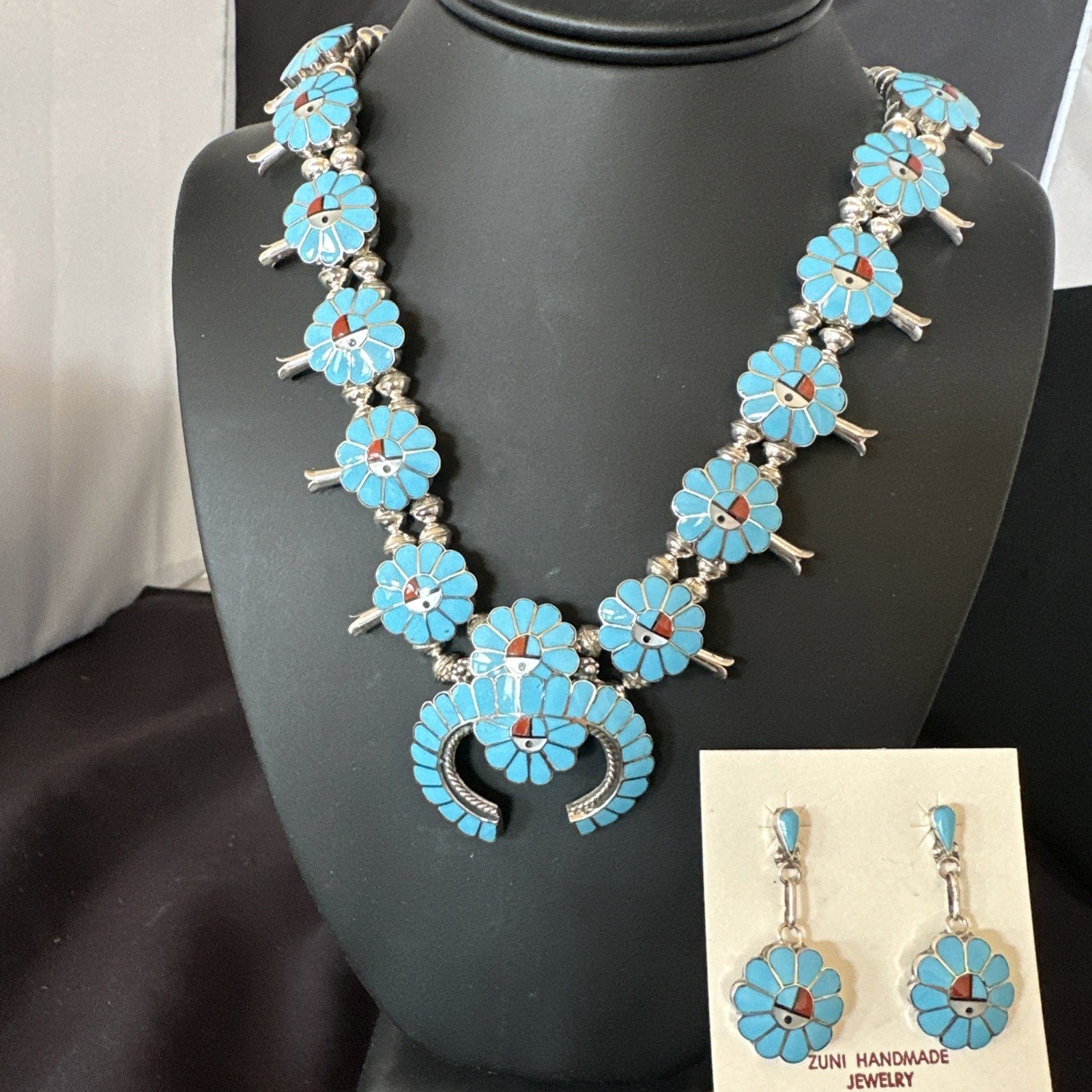 Old Pawn Sunface Turquoise Zuni Sterling Silver Squash Necklace Earrings 19289