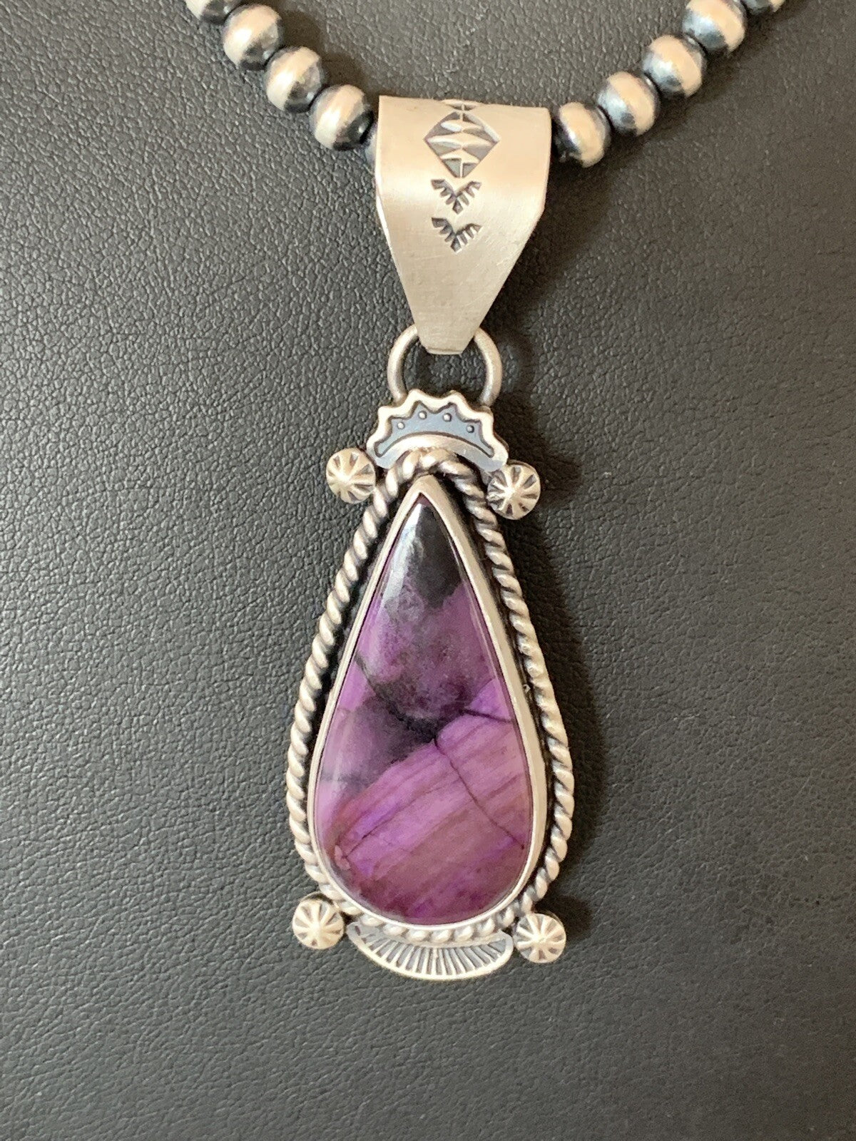 Purple Stone Pendant Navajo Pearls Sterling Silver Necklace 04928