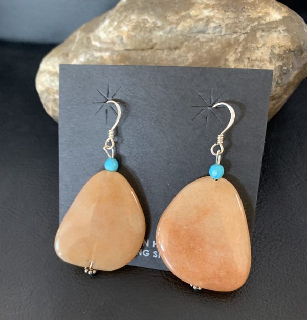 Women's Navajo Tan Jasper Blue Turquoise Earrings 2" | Sterling Silver | Authentic Native American Handmade | 13101