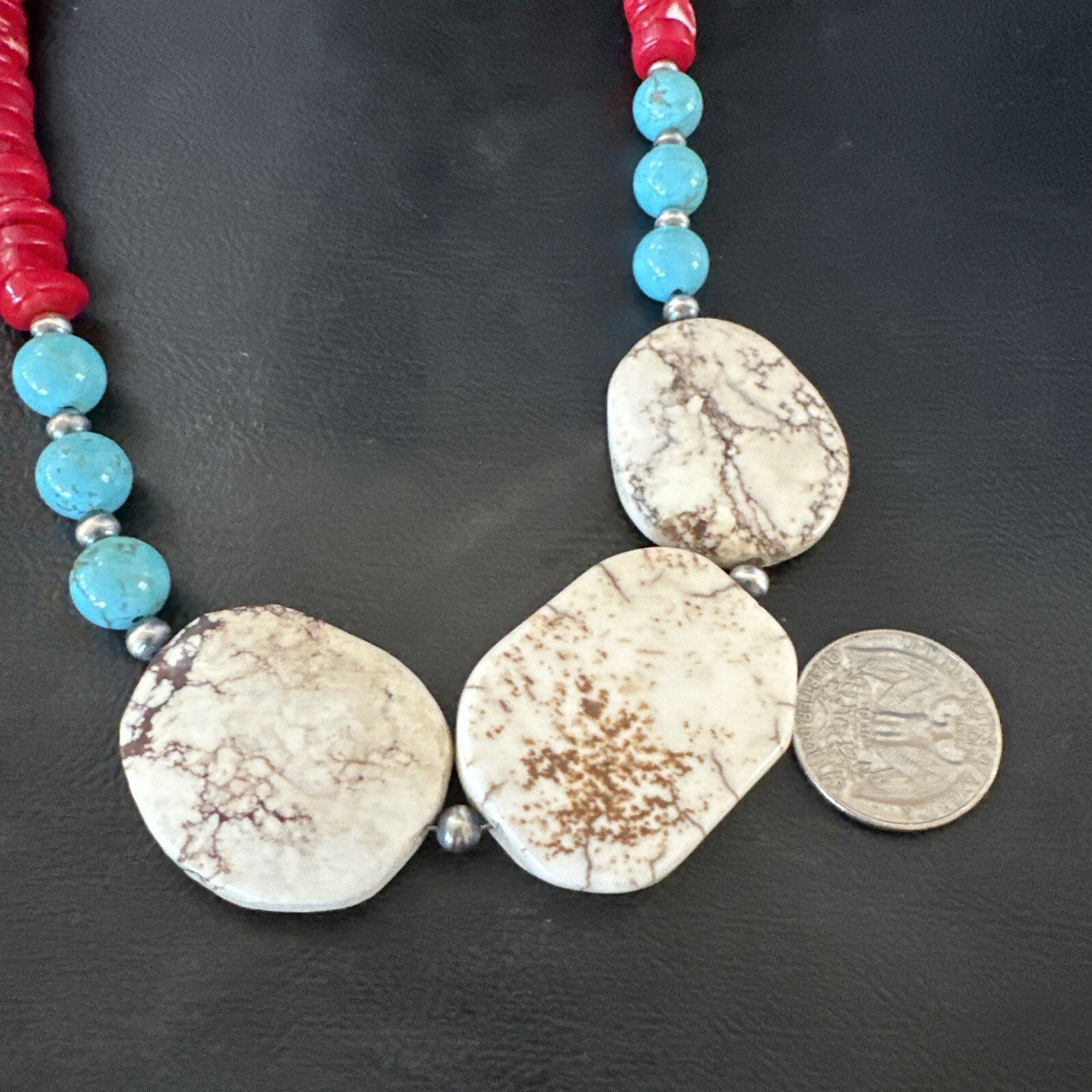 Mens Wild Horse Blue Turquoise Red Coral Navajo Sterling Silver Necklace 17981