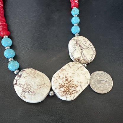 Mens Wild Horse Blue Turquoise Red Coral Navajo Sterling Silver Necklace 17981